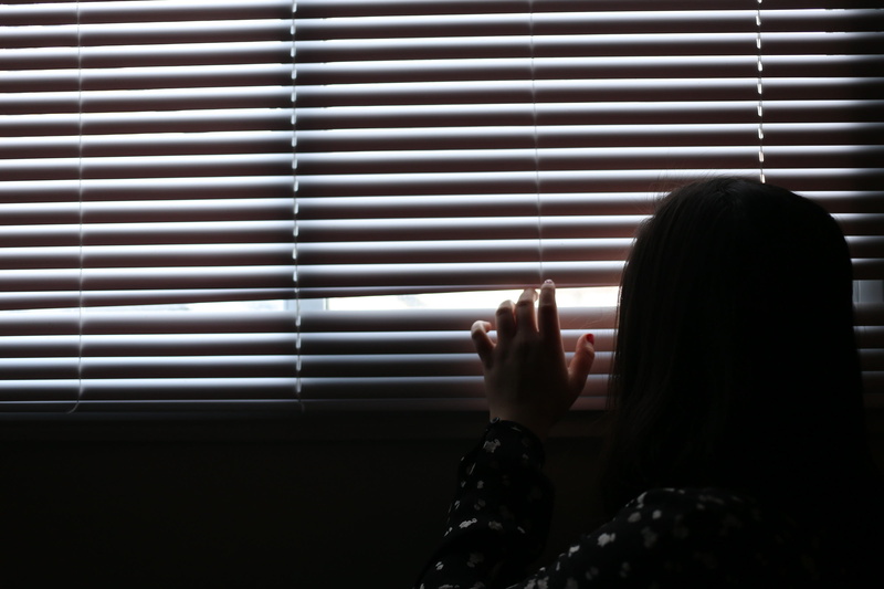 hairstyle, indoor, peaking, day, serenity, curtain, window, alone, female, activity, teens, nails, lifestyles, looking away, 2K, young, child, caucasian