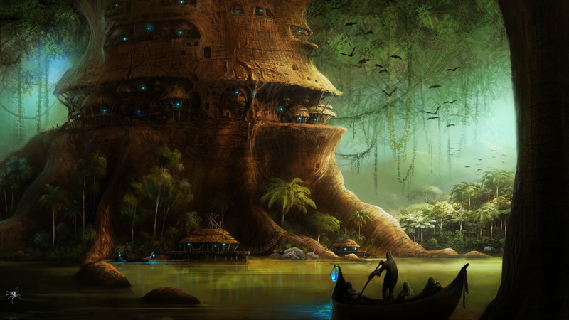 1080P, fantasy art digital art pixelated artwork science fiction trees forest plants dark boat treehouses birds river house lights