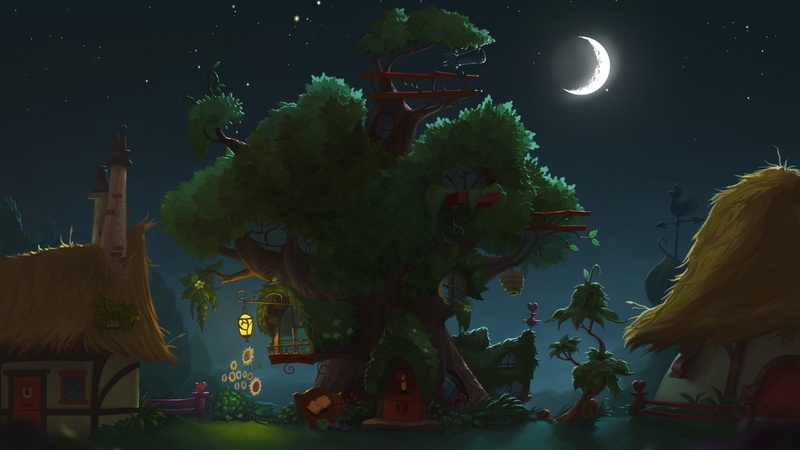 architecture, tree, no people, sky, artwork house treehouses moon night, lighting equipment, built structure, 1080P, illuminated, nature, religion, belief