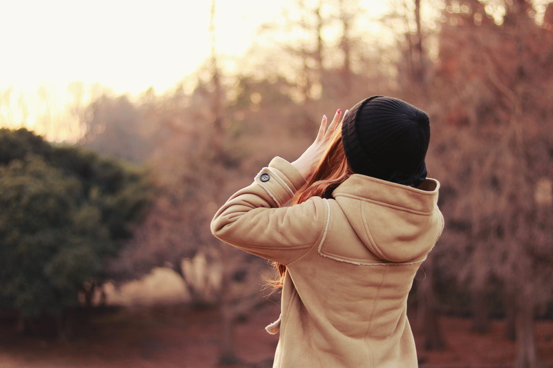 warm clothing, hairstyle, near, park - Man Made Space, land, knit cap, cap, females, black, plant, waist up, adult, autumn, real people, trees, one Person