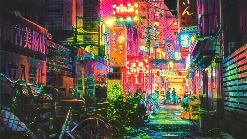 filter, photography, 1080P, transportation, outdoors, illuminated, building exterior, city street, text, motor vehicle, night, city, Tokyo, multi colored