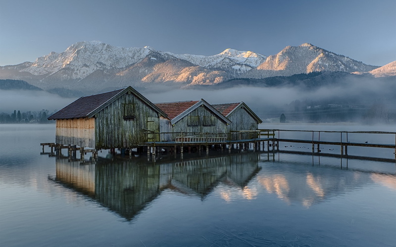 House, Fog, Lake, Germany, Morning, Mountains, white, Wood, 1080P, Bavaria