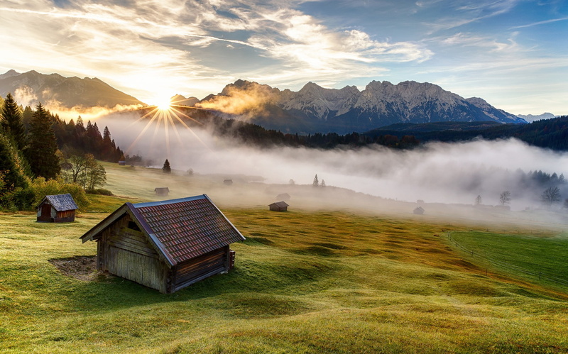 1080P, Bayern, nature, daylight, grass, mountains, near, trees, brown, morning, forest, Germany, fog, house