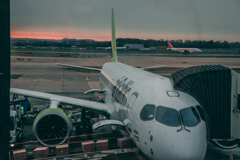 early morning, land vehicle, nature, airbaltic, horley, airport runway, aerospace industry, passenger boarding bridge, arrival, sky, public transportation