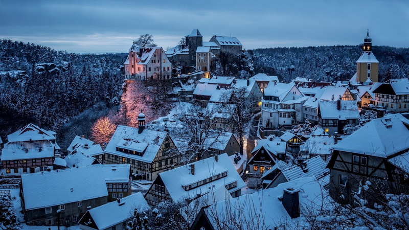 Germany, nature, house, high angle view, residential district, houses, extreme weather, frozen, dusk, architecture, building exterior, landscape, 1080P