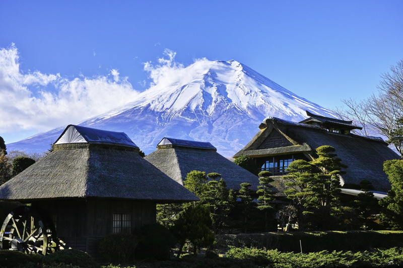 mountains of japan, range, blue, mountain, architecture, outdoors, blue sky, building exterior, houses, environment, built structure, brown, house, near