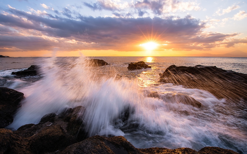 Kanagawa, Prefecture, Rocks, Bay, Sky, Sunset, 1080P, Japan, Rays, Clouds, Beach