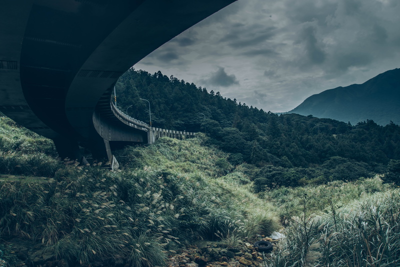 aircraft, connection, abies, built structure, travel, mountain, cloud - sky, trees, no people, grass, sky, airplane, beauty in nature, bridge - man made structure