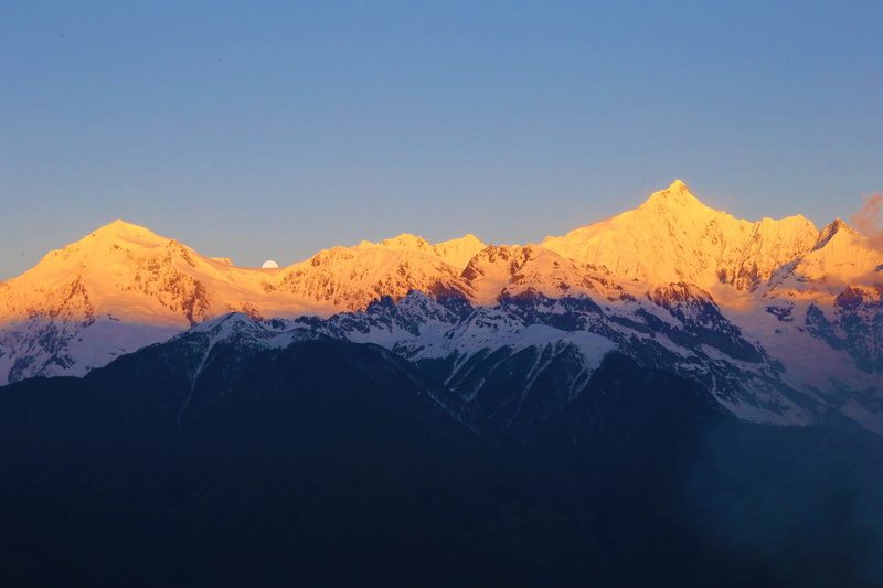 environment, mountain range, meili snow mountain, early in the morning, clear sky, moon, cold temperature, non-urban scene, scenics - nature, snow mountain