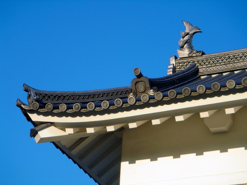 sky, no people, sculpture, roof, architecture, ornate, asia, blue, outdoors, low angle view, statue, architectural column, japan, nature, built structure