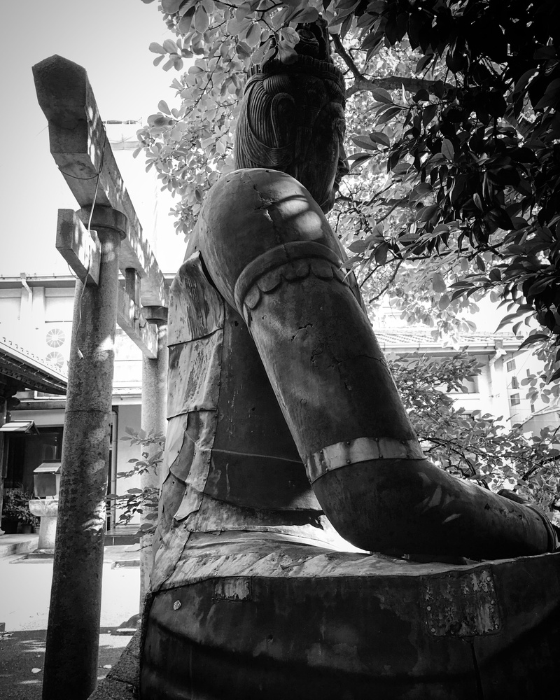 buddhist, buddhist temple, tree, bandw, temple, plant, day, sky, shichi-ji, creativity, sculpture, male likeness, no people, close-up, japan, built structure
