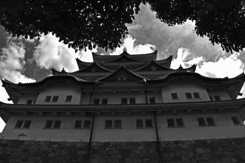 no people, low angle view, japan, black and white, window, building exterior, day, 5K, sky, nagoya castle, castle, religion, house, city, tree, wide angle