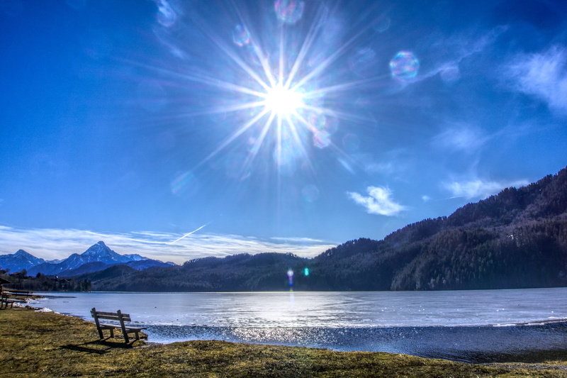 contrast, frozen, allgäu, nature, waters, water, sunbeam, lake, mountains, 5K, winter, landscape, cold, outdoors, füssen, lake weissensee, blue, snowcapped mountain