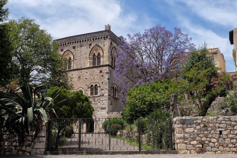 nature, taormina, history, day, outdoors, built structure, tree, building, sicily, travel, place of worship, 1080P, travel destinations, jacaranda, building exterior