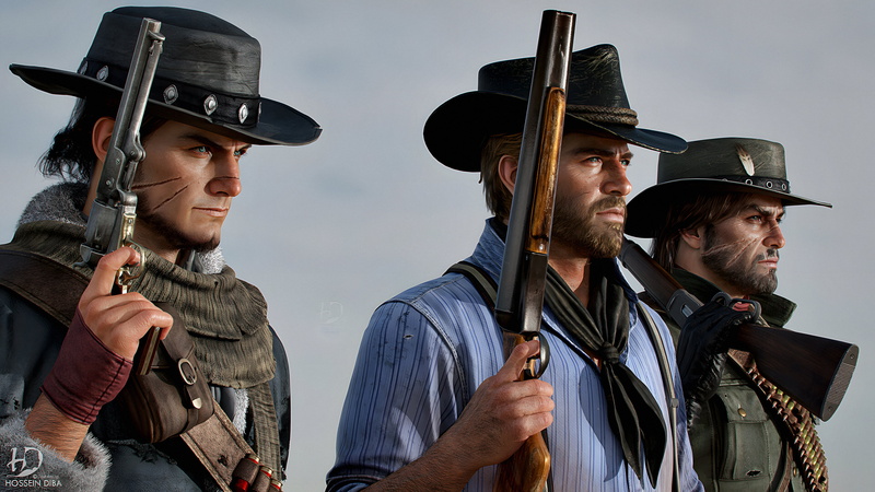 John Marston, 4K, men, Arthur Morgan, 4K, Red Dead Revolver, CGI, Red Dead Redemption 2, Red Harlow, Red Dead Redemption, gun, 3D