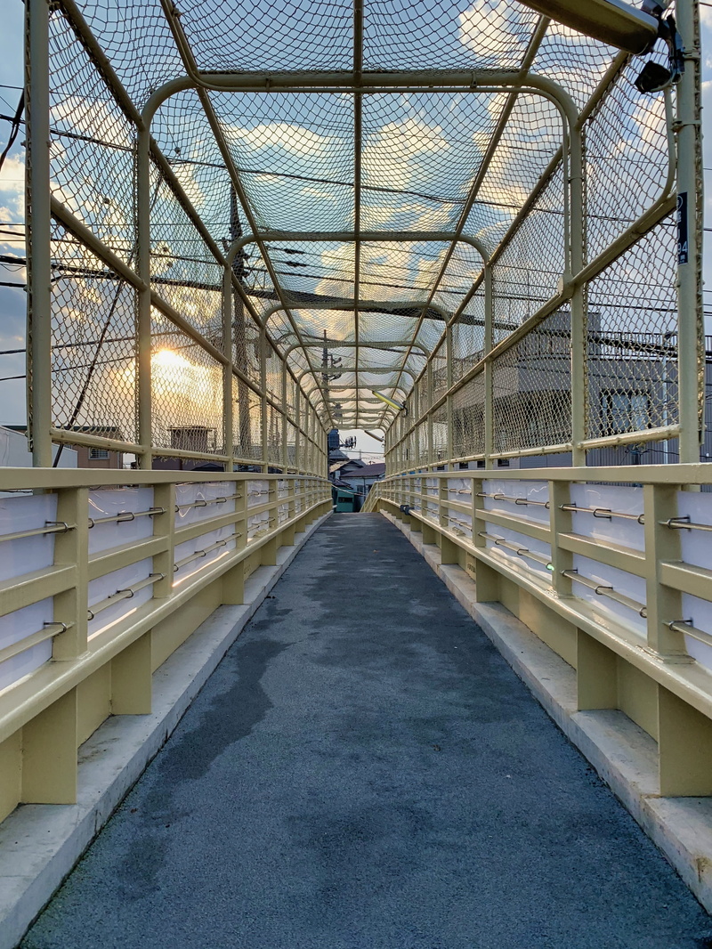 built structure, perspective, bridge - man made structure, saitama, indoors, chainlink, connection, road, direction, koshigaya, railing, building, day