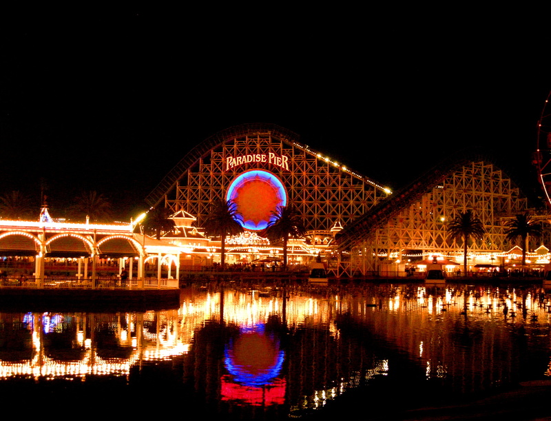 illuminated, reflections, roller coaster, paradise, Paradise Pier, bridge - Man Made Structure, Pond, Night  Lights, Amusement Park, Nikon  CoolPix, Ferris wheel