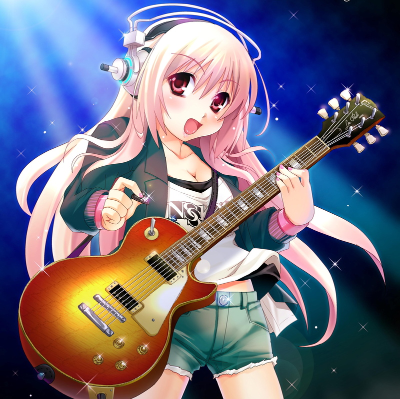 idol, singer, anime, star, headphones, animated, happy, pretty, nice, femal, 2K, holding, female, pink-eyes, guitar, pink, hair, beautiful, super, sweet