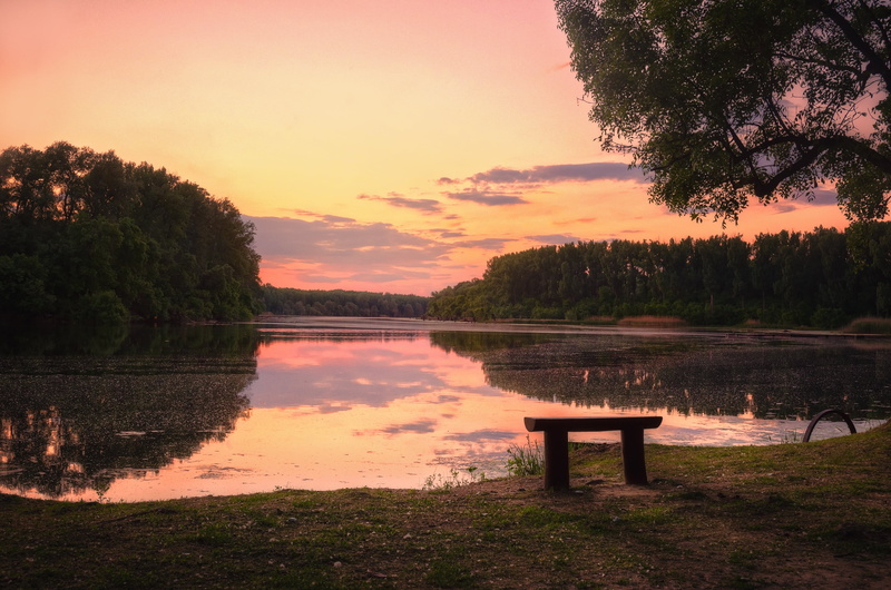 dusk, bench, front, leafs, wide  angle, photography, sunlight, Nikon  d5100, forest, DSLR, reflection, summer, water, Sunset, body, tranquil Scene, body of water