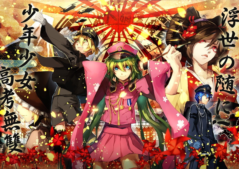 720P, blondes, clothes, officer, brunettes, blue, hats, red, len, kagamine, megpoid, green, meiko, japanese, vocaloid, gumi, senbon, miku, rin, girls