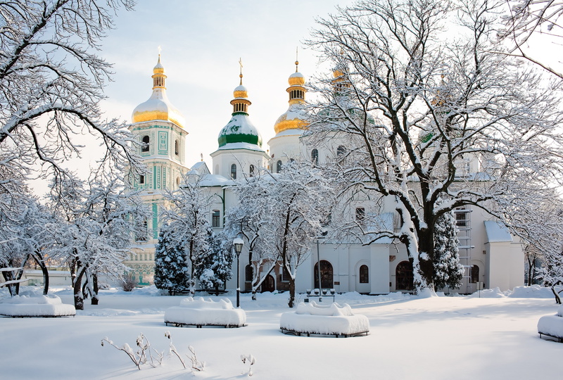 building exterior, white, architecture, 4K, winter, Kiev, no people, white color, Ukraine, place of worship, tree, dome, nature, belief, cathedral, cold temperature