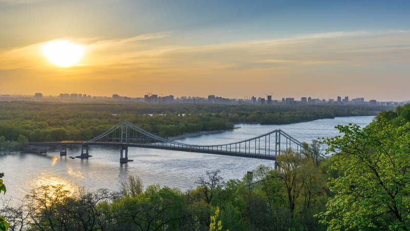 sun, kiev, water, sky, built structure, river, travel destinations, office building exterior, architecture, city, no people, landscape, connection, ukraine