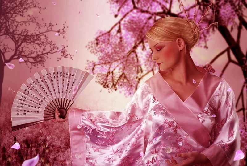 petals, outdoors, elegance, japanese Culture, portrait, 1080P, beauty, white, beautiful, kimono, east Asian Culture, adult, fashion, springtime, flower