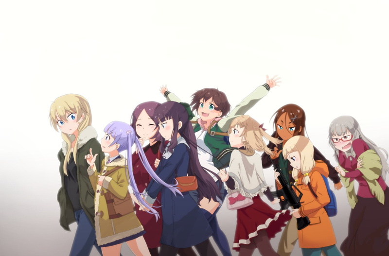 Shizuku Hazuki, Rin Tooyama, Kou Yagami, women, New Game!, 720P, standing, costume, boys, Anime, Umiko Ahagon, white background, looking at camera, celebration