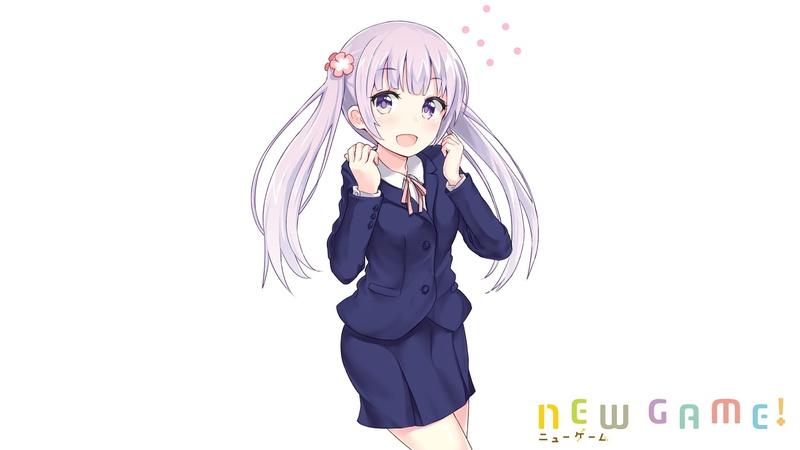 women, clothing, front view, 1080P, costume, twintails, white background, young women, New Game!, indoors, anime, hairstyle, long hair, fashion, studio shot