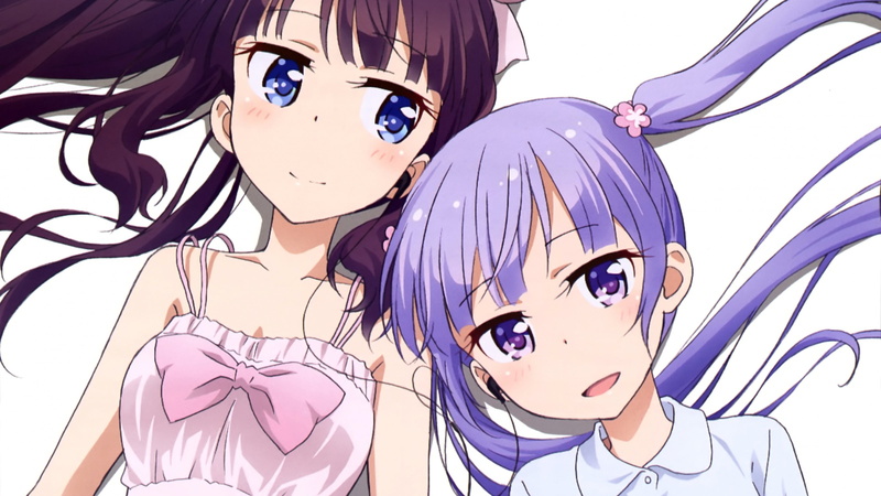 looking at camera, indoors, two, white dress, art and craft, portrait, female likeness, Hifumi Takimoto, purple hair, anime, ceramic, simple background