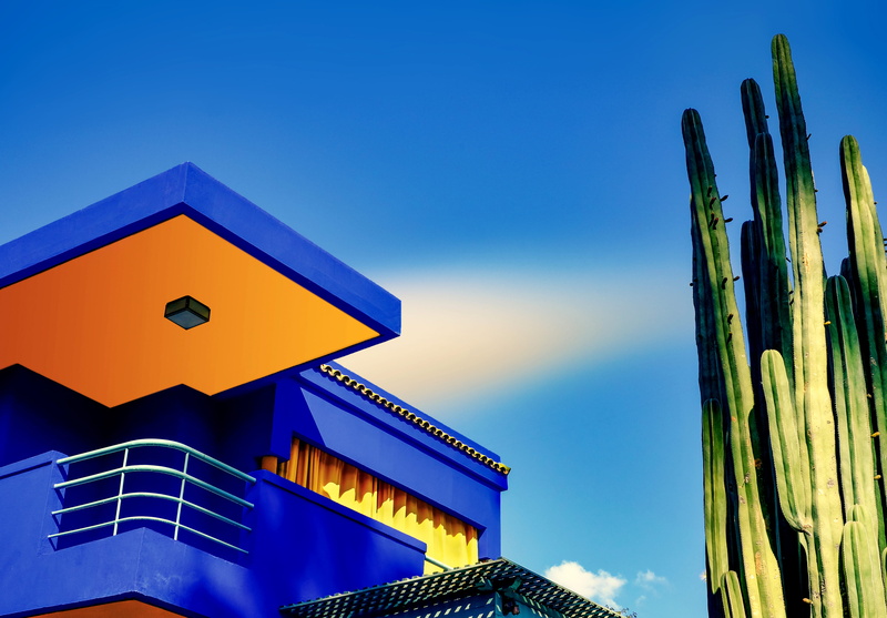 botanical garden, nature, sky, jardin majorelle, green, garden, islamic art museum, built structure, residential district, no people, blue, fashion, house