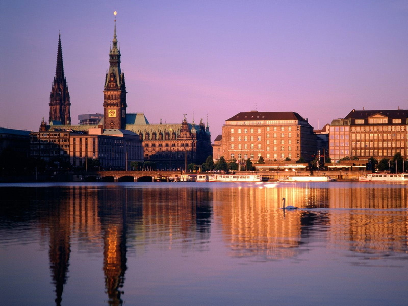 outdoors, building exterior, sky, no people, built structure, swan, concrete, brown, Germany, 720P, tower, reflection, illuminated, landscape, city, travel destinations