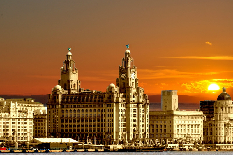 liverpool, tall - high, cunard buildings, three graces, residential district, 4K, architecture, tower, skyscraper, orange color, river mersey, illuminated