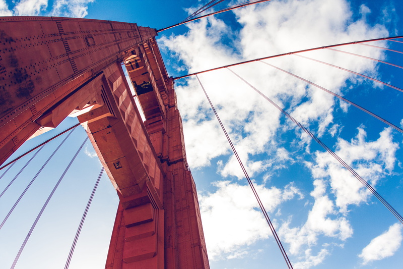 urban Scene, passenger craft, tower, suspension, traffic, 5K, outdoors, cloud, bridge - Man Made Structure, suspension Bridge, worm, blue, trusses, nautical vessel