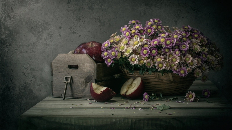 wood - material, flowers, apples, freshness, no people, plant, fragility, basket, flowering plant, nature, 1080P, container, flower head, table, petaled