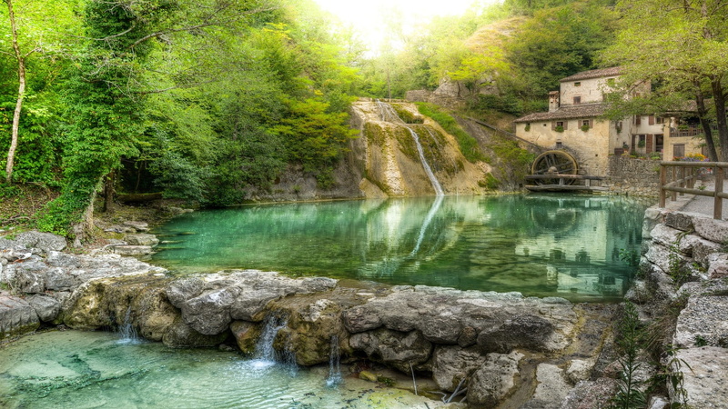 reflection, Italy, rock - object, nature, plant, built structure, lake, forest, flowing, tree, building exterior, scenics - nature, solid, no people, day