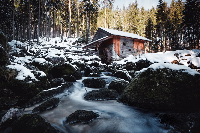 flowing, water, cold temperature, no people, nature, 1080P, solid, snow, brown, motion, rock, mill, scenics - nature, forest, stream - flowing water, beauty in nature