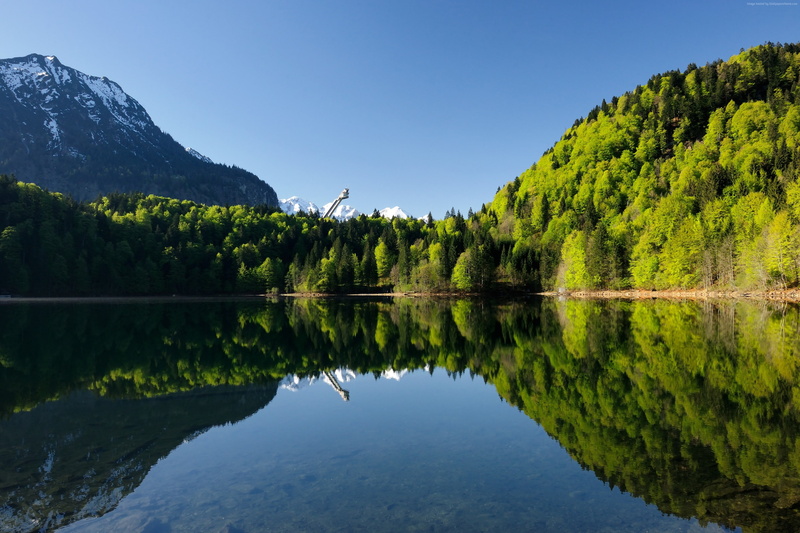 forest, green color, clear sky, nature, plant, mountain, water, 2K, scenics - nature, Germany, reflection, idyllic, outdoors, reflection lake, no people