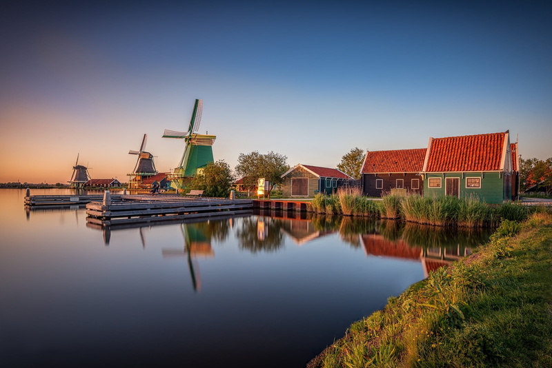 wooden, no people, 1080P, turbine, wind power, reflection, Zaanse Schans, water, architecture, home, lake, green, nature, waterfront, mill, clear sky
