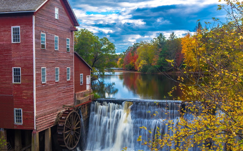 1080P, Mill, Waterfalls, Trees, River, House, Autumn, Water