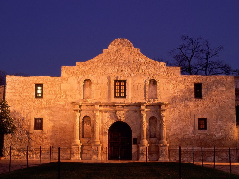 outdoors, nature, entrance, religion, tree, old building, 720P, the past, history, wall, The Alamo, no people, facade, bare tree, Texas, sky, travel destinations