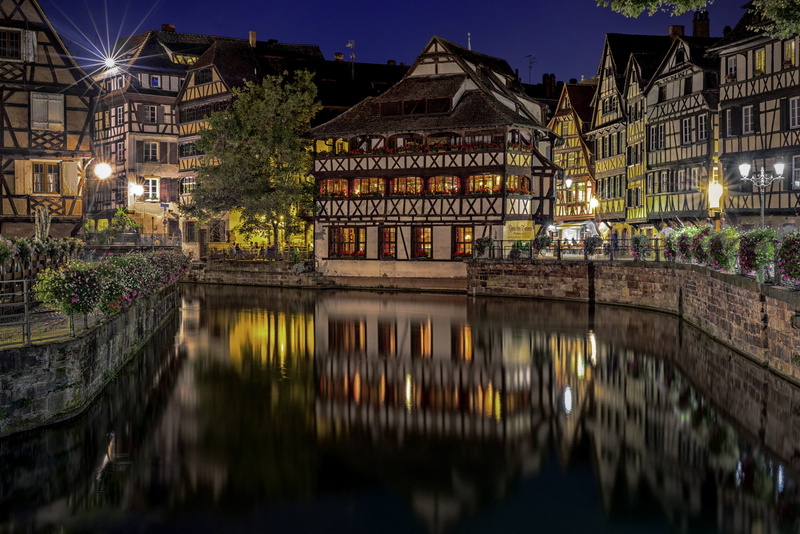 building, The Petite France Quarter, Strasbourg, reflection, channel, flowers, embankments, night city, France, Petite France, 1080P