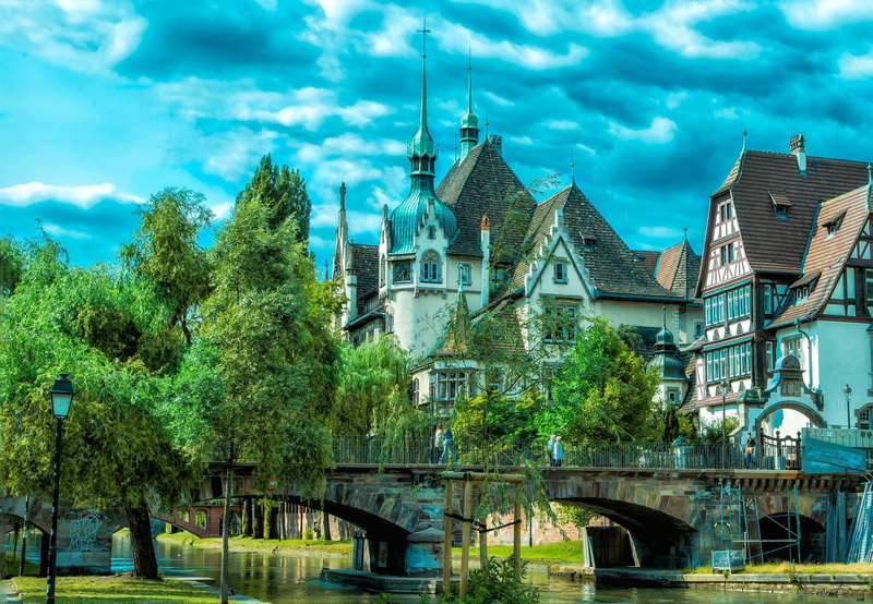 built structure, city, building, Strasbourg, water, France, day, Cities, architecture, no people, place of worship, building exterior, 1080P, bridge - man made structure