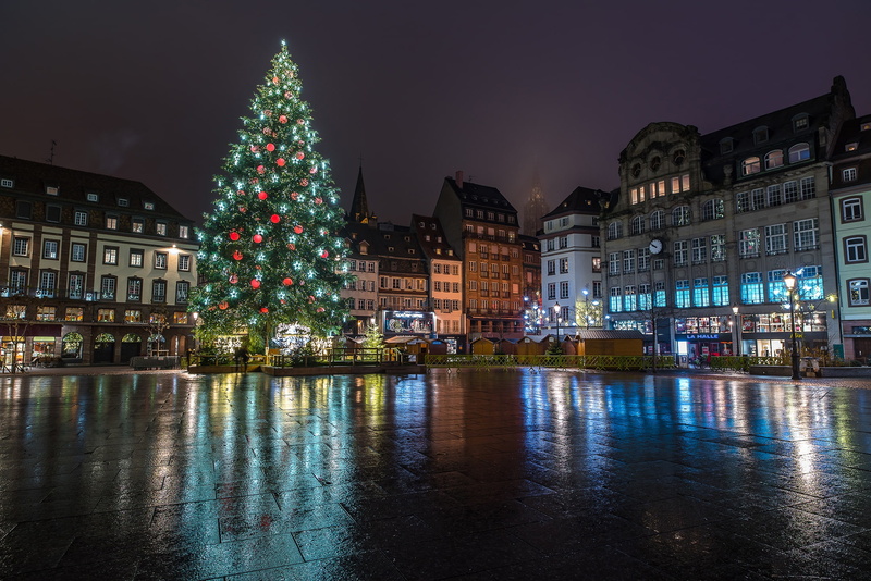 winter, Strasbourg, New year, holiday, night, decoration, tree, home, garland, area, 1080P, France