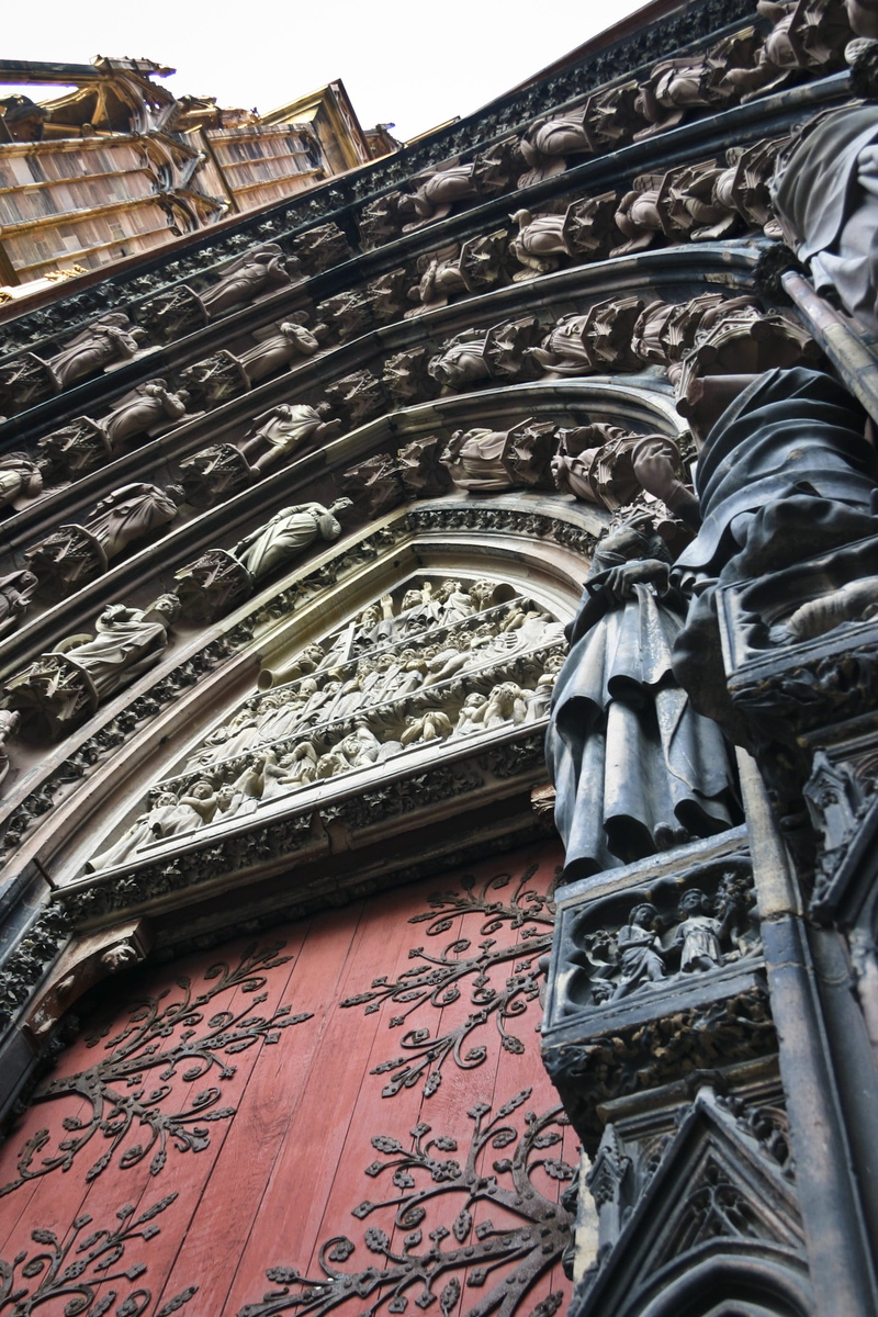 low angle view, france, sculptures, spirituality, built structure, day, alsace, history, faith, religion, carving, cathedral, the past, religious monuments
