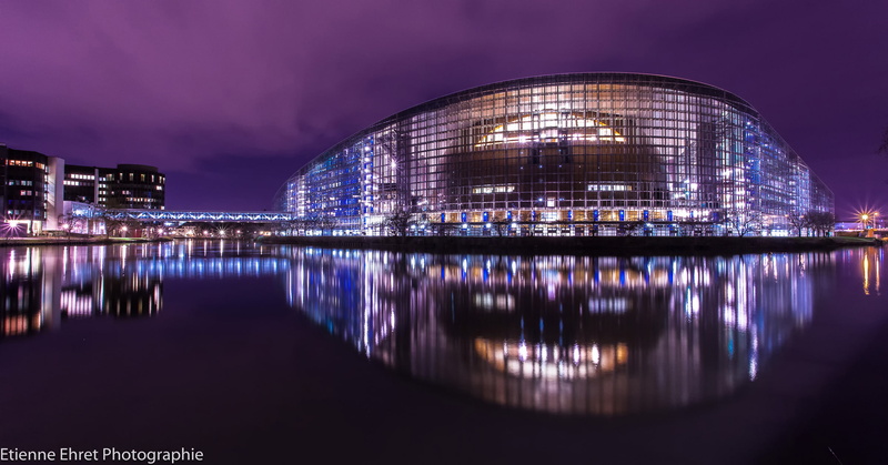 the evening, the city, backlight, France, lights, reflection, The European Parliament, Strasbourg, 1080P, night