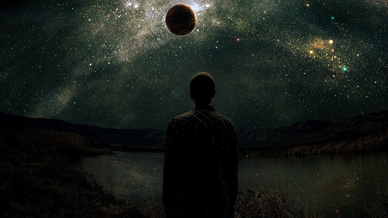 men, scenics - nature, space art, night, star, one person, looking at view, man, silhouette, milky way, astronomy, sky, leisure activity, water, facing