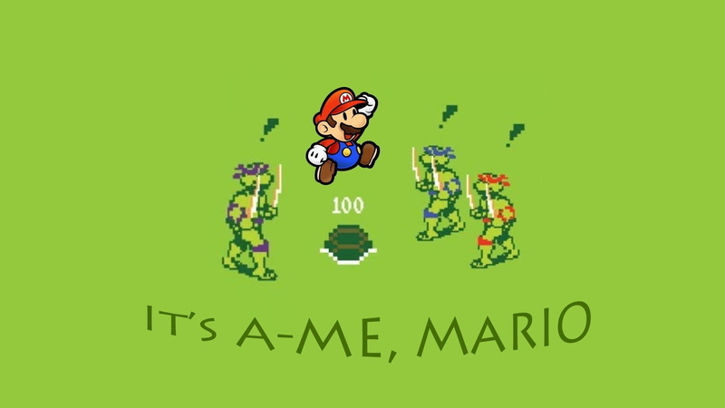Super Mario, green color, people, green background, paper, studio shot, sitting, occupation, copy space, front view, Teenage Mutant Ninja Turtles, men