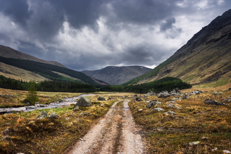 range, trees, road, brown, cloud - Sky, green, time, Valley, travel, mountain Range, clouds, mountain, Glen Doll, hill, stormy, sky, summer, outdoors, River  South Esk