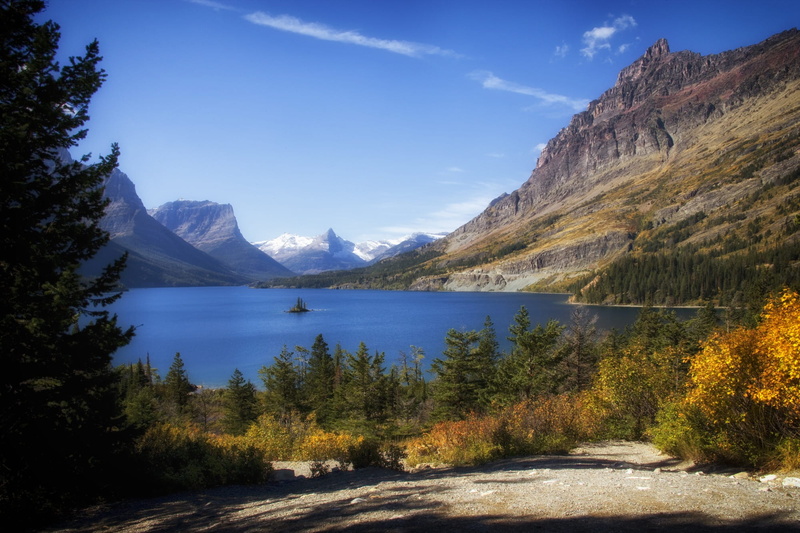 blue, trees, non-urban scene, sky, mountain range, body of water, formation, day, mountain, water, outside, autumn, landscape, plant, montana, brown, cloud - sky